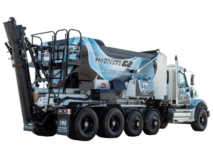 G2 volumetric mixer, the fastest mixer on the market, pouring 100 yards of concrete per hour
